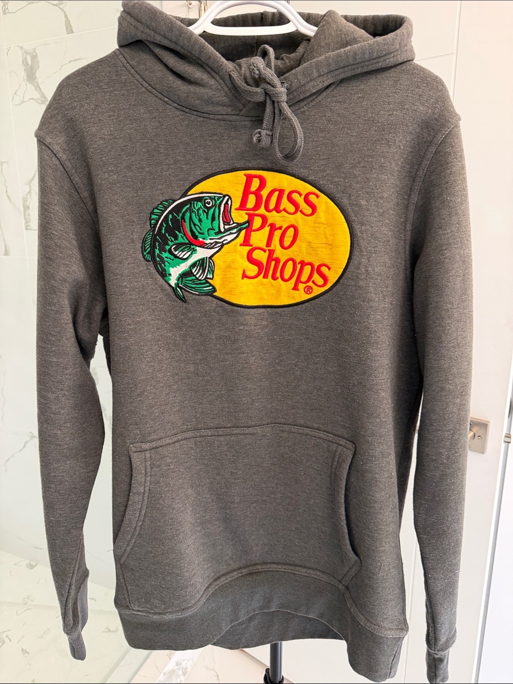 Bass Pro Shops Gray Hoodie with Yellow Logo and Green Fish 21”pp